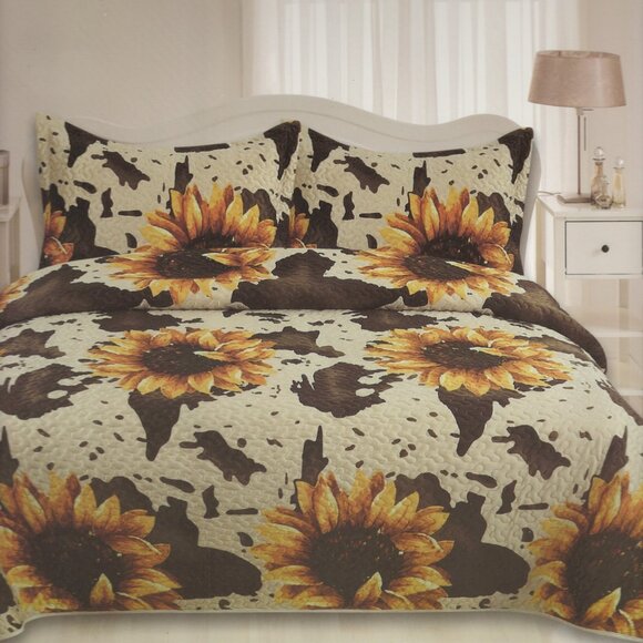 Brown Cow Print & Sunflowers Western Bedding Set Luxury Velvet Oversized 3Pc Set - Picture 2 of 4